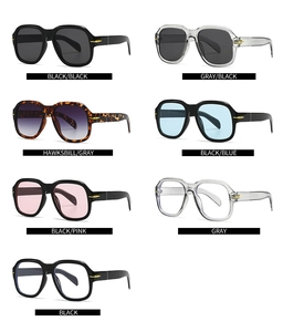 Detailed grid showing seven variations of retro square sunglasses with metal accents