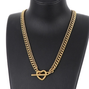Double Layer Stainless Steel Necklace Heart Shape Toggle Clasp Cuban Chain Streetwear Jewelry For Women