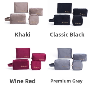 Four-piece velvet makeup bag set with gold embroidery in khaki, black, red, and grey
