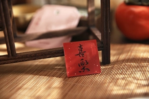 Close-up of a red acrylic fridge magnet with black Chinese calligraphy meaning joy
