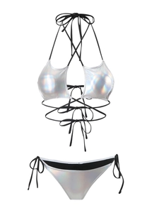 Sexy silver holographic two-piece bikini set with cross wrap straps and tie side bottoms