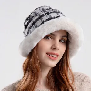 Winter plush checkerboard bucket hat for women with warm faux fur and soft fleece lining