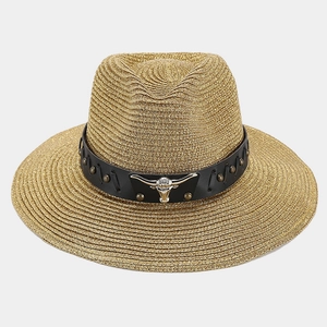 Western straw fedora with silver bull head ornament and studded leather band