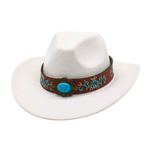 Detail of white felt cowboy hat with brown leather band featuring turquoise and floral embroidery
