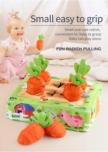 Detail of baby plush radish toy with colorful farm patterns for sensory play and motor skills