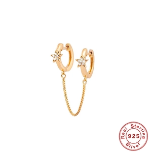 S925 Sterling Silver Star Tassel Chain Linked Hoop Earrings For Women Zirconia Double Piercing Single Earring Only Jewelry