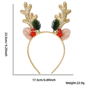 Serre-tête bois de renne de Noël avec paillettes dorées et clochettes, 23,5x17,5cm