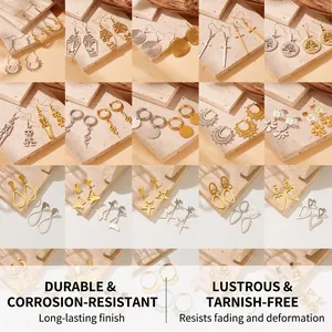 Detailed grid of geometric stainless steel earrings in gold and silver finishes