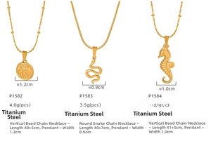 Detailed comparison of gold titanium steel necklaces with bee, snake and seahorse pendants