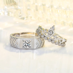 Couple Rings Copper Cubic Zirconia Crown Geometric Adjustable Open Wedding Engagement Fashion Jewelry For Men Women