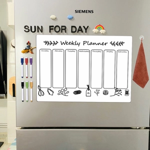 Magnetic weekly planner on silver fridge with six colorful markers and an eraser set
