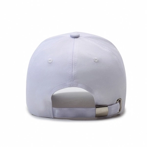 Back view of light purple baseball cap with adjustable metal buckle and cotton texture