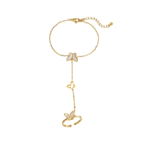 Elegant 18K gold plated butterfly finger chain bracelet with white shell inlays