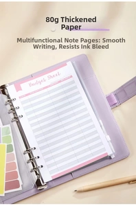 Detail of lavender A6 binder set with budget sheets, index tabs, and premium pen