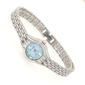 Close-up of silver quartz watch featuring light blue dial with clear numeric markers