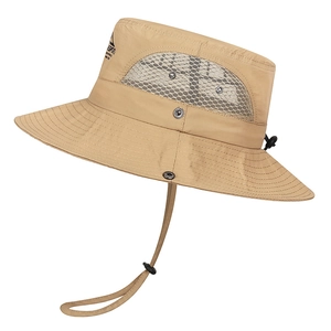 Khaki outdoor sun hat with breathable mesh and windproof strap for hiking camping