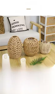 Detailed close-up showing the natural texture of handmade rattan and jute woven lampshades