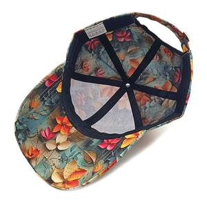 Detail view of 100% polyester floral baseball cap with reinforced inner lining and sweatband