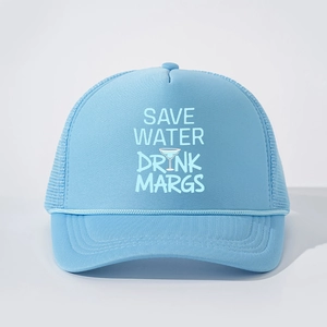 Sky blue mesh trucker hat with Save Water Drink Margs print and rope detail