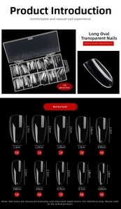 Detailed size chart for 120-piece long oval transparent nail tips showing ten specifications
