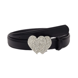 Women's black leather belt with a decorative sparkling rhinestone double heart buckle
