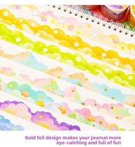 Detail view of cloud washi tape with gold foil craft, cute bears and rabbits