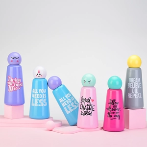Colorful 304 stainless steel insulated bottles with cute ball caps and motivational text