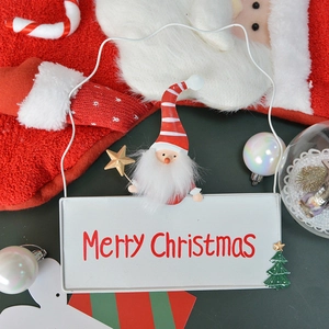 Merry Christmas metal hanging sign with Santa doll and mini tree for festive holiday decor