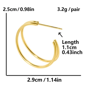 Detailed dimension guide for gold stainless steel C-shaped hoop earrings with size measurements