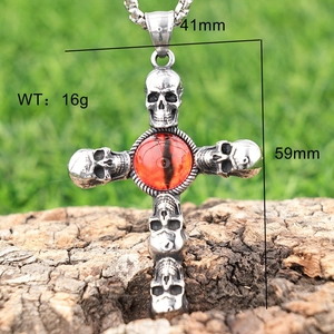 Gothic skull cross pendant with red eye detail showing 59mm height and 41mm width