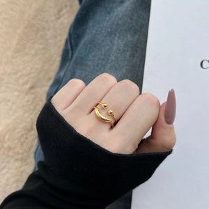 Minimalist S925 sterling silver hollow double layer smiley face open ring in gold finish