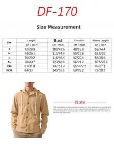 Detailed size chart for men's linen hooded shirt jacket including bust and sleeve info