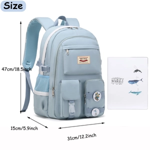 Detailed size chart showing dimensions 47x31x15cm for the light blue school backpack