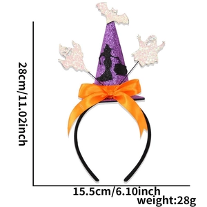 Detailed Halloween headband featuring purple glitter witch hat and orange satin bow