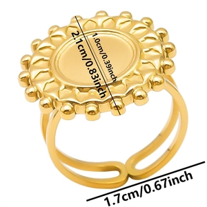 Macro view of gold stainless steel sunflower gear ring with adjustable double-line band