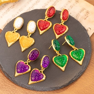 Set of five vintage gold-tone heart-shaped earrings in red green purple and yellow colors