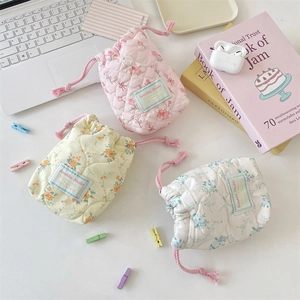 Quilted cotton drawstring camera storage bags in pink bear and floral patterns