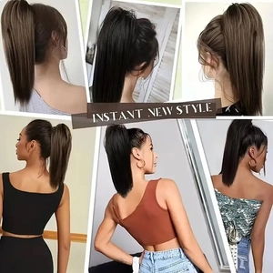 Long straight ponytail hair extension in black and brown with secure claw clip