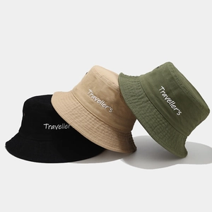 Foldable washed cotton bucket hat with Traveler's embroidery in black, khaki, and olive green