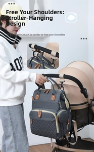 Detail of grey diaper backpack showing the stroller attachment straps and hooks