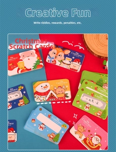 Detail showing Christmas DIY scratch cards with reindeer, Santa, and snowman patterns