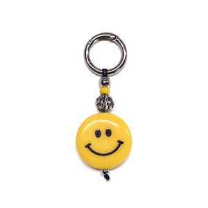 Cute yellow smiley face acrylic beaded keychain with metal ring and heart accents