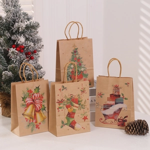 Christmas Kraft Paper Gift Bags With Handles Printed Xmas Tree Bell Stocking Sledge For Holiday Party Favors Shopping Bag
