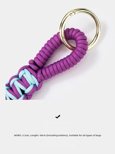 Detail of 3.3cm wide purple and blue hand-woven bag strap with gold circular spring clasp