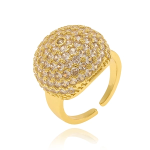 Detailed view of gold plated open ring featuring a sparkling pavé hemisphere of gemstones