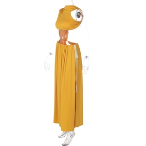 Detail view of the yellow cutout sleeveless top with side lace-up long skirt