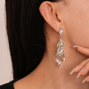 Sparkling silver waterdrop chandelier earrings with tiered tassels and zirconia crystals