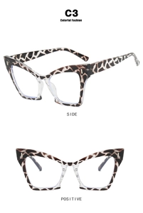 Detailed side and front views of cat-eye frames with leopard and clear patchwork design
