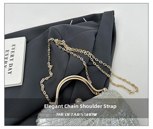 Detail of silver sequined evening bag with a gold curved handle and chain strap