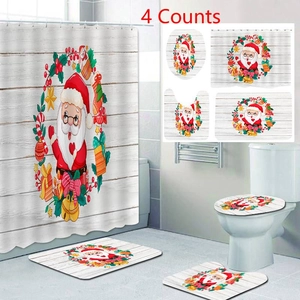 Ensemble de Rideau de Douche de Noël en Polyester Imperméable Père Noël Scène de Neige Ensemble de Salle de Bain Quatre Pièces Tapis Antidérapants Couvercle de Toilettes